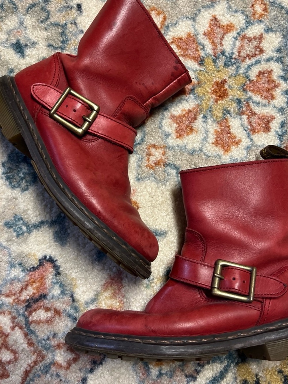 Doc Martens Red Leather Buckle Ankle Boots